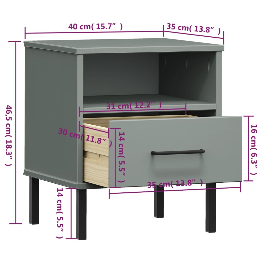 Table de chevet avec pieds en métal Gris Bois pin massif OSLO Tables de chevet vidaXL   