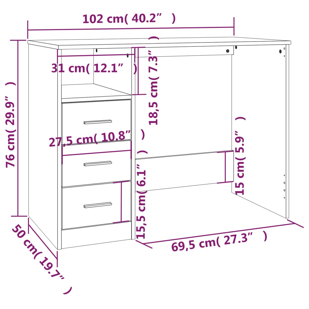 Bureau avec tiroirs Blanc 102x50x76 cm Bois d'ingénierie Bureaux vidaXL   