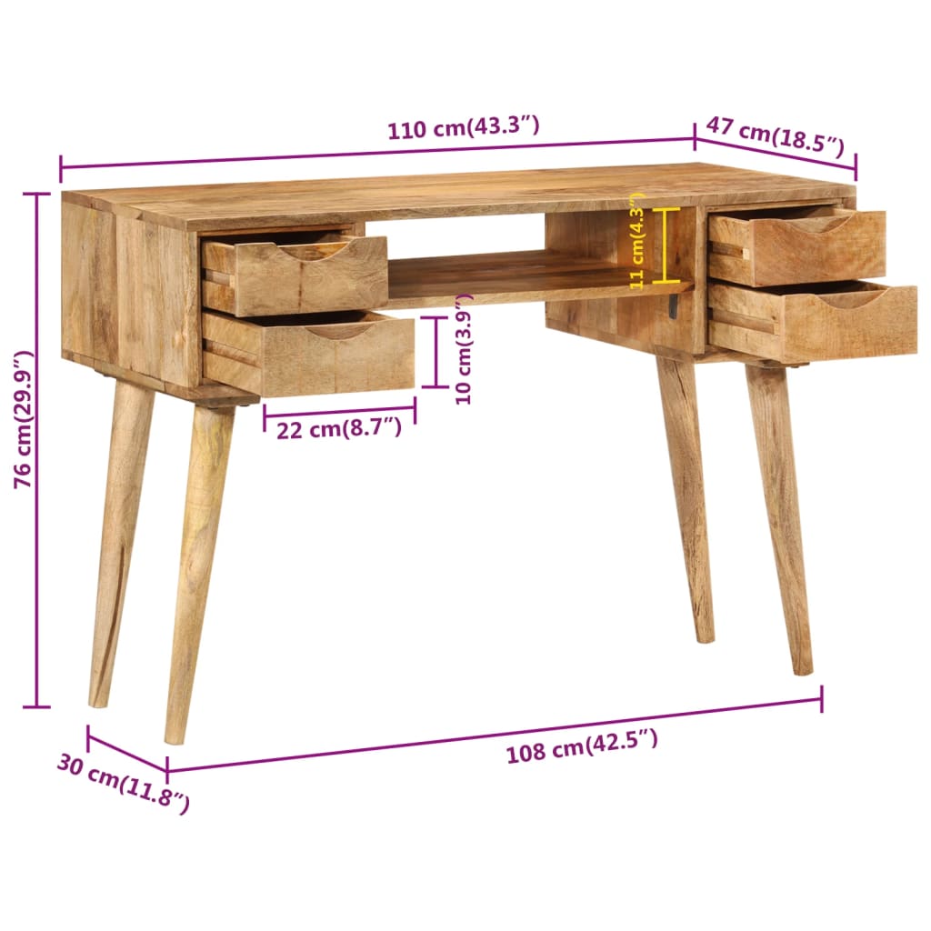 Bureau avec tiroirs 110x47x76 cm bois de manguier solide Bureaux vidaXL   