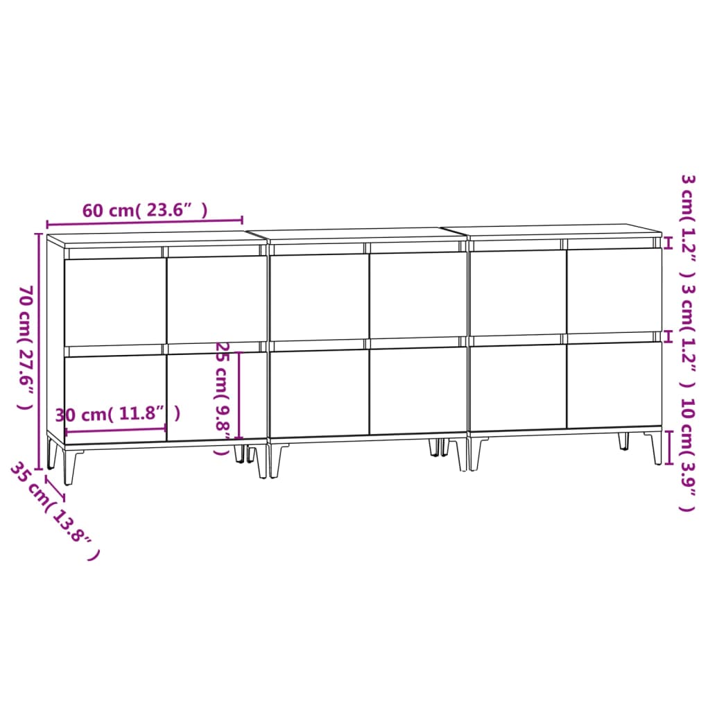 Image Buffets 3 pcs sonoma gris 60x35x70 cm bois d'ingénierie | Xios Store SNC vidaXL Xios Store SNC