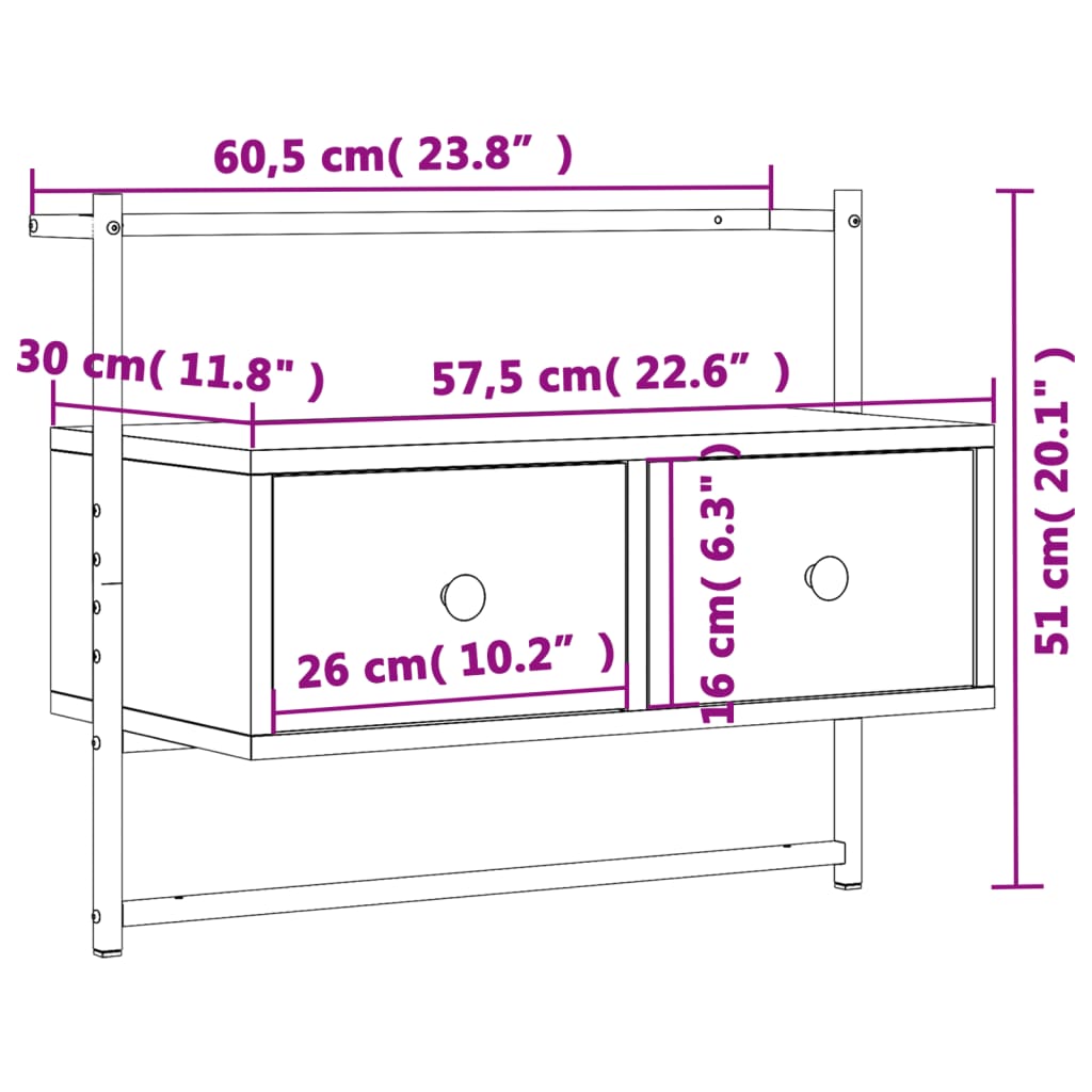 Meuble TV mural chêne fumé 60,5x30x51 cm bois d'ingénierie Meubles TV vidaXL   