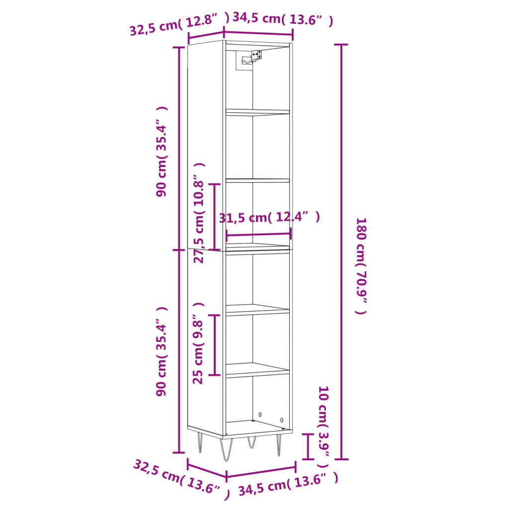 Image Buffet haut Blanc brillant 34,5x32,5x180 cm Bois d'ingénierie | Xios Store SNC vidaXL Xios Store SNC