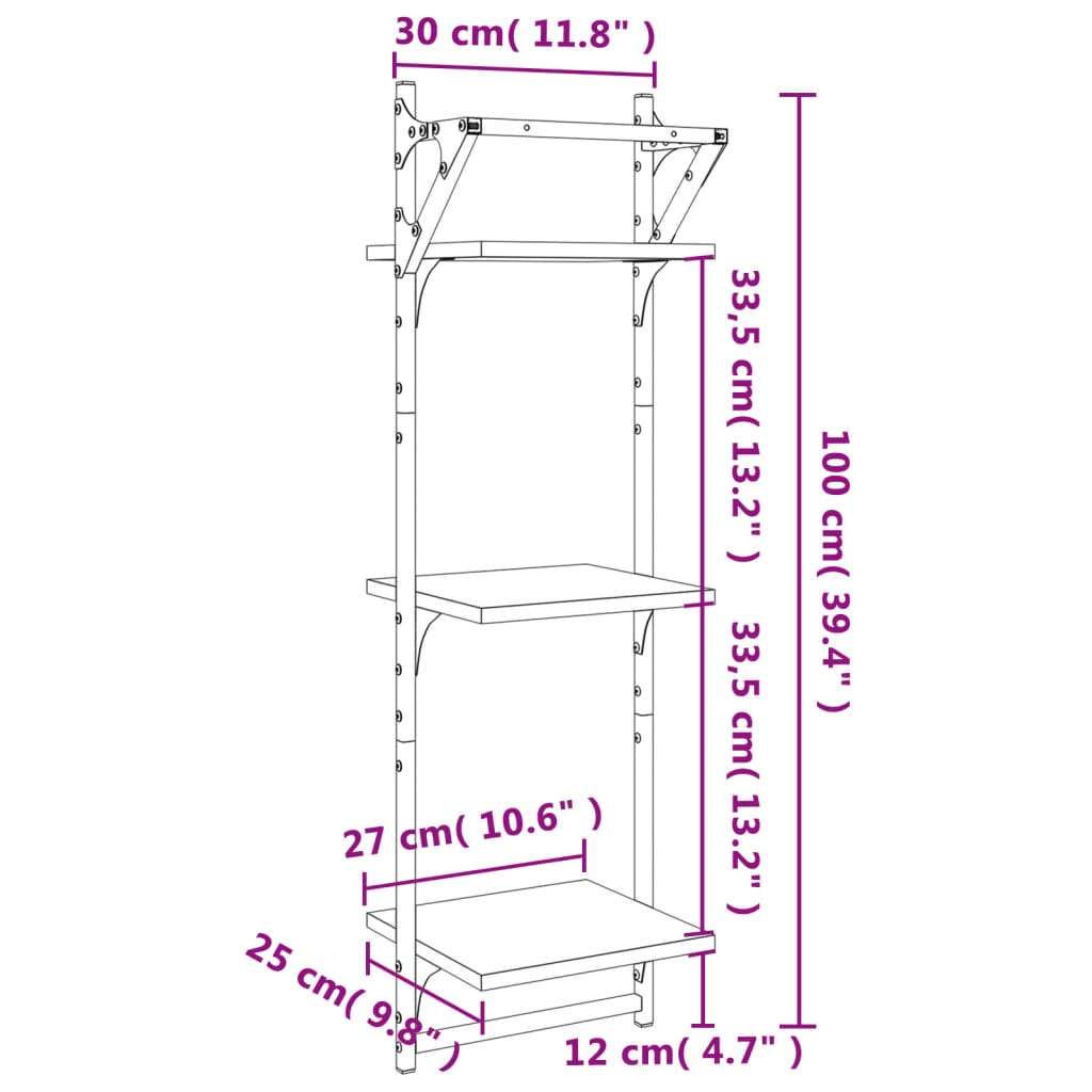 Étagères murales à 3 niveaux avec barres 2 pcs sonoma gris Étagères murales & corniches vidaXL   