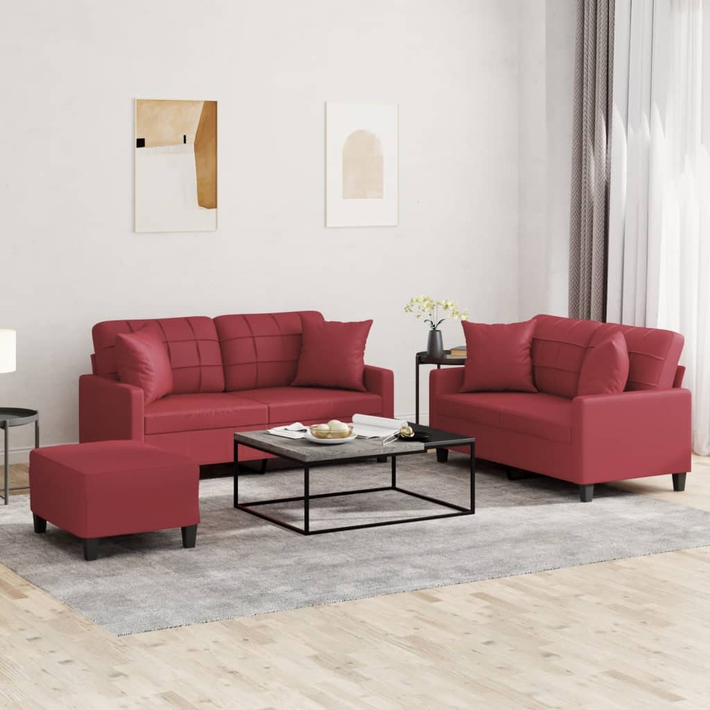 Ensemble de canapés 3 pcs et coussins rouge bordeaux similicuir Canapés vidaXL   