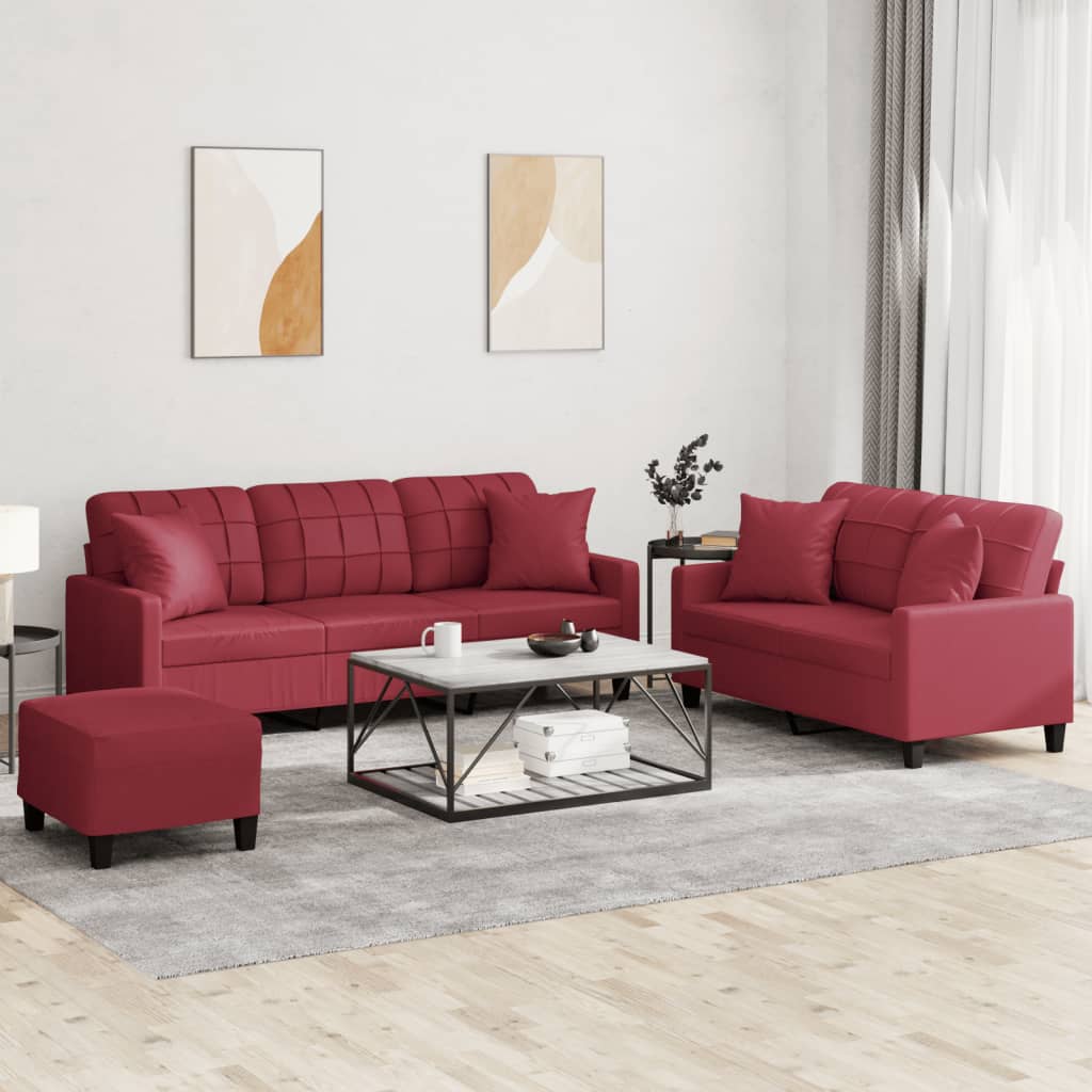 Ensemble de canapés 3 pcs et coussins rouge bordeaux similicuir Canapés vidaXL   