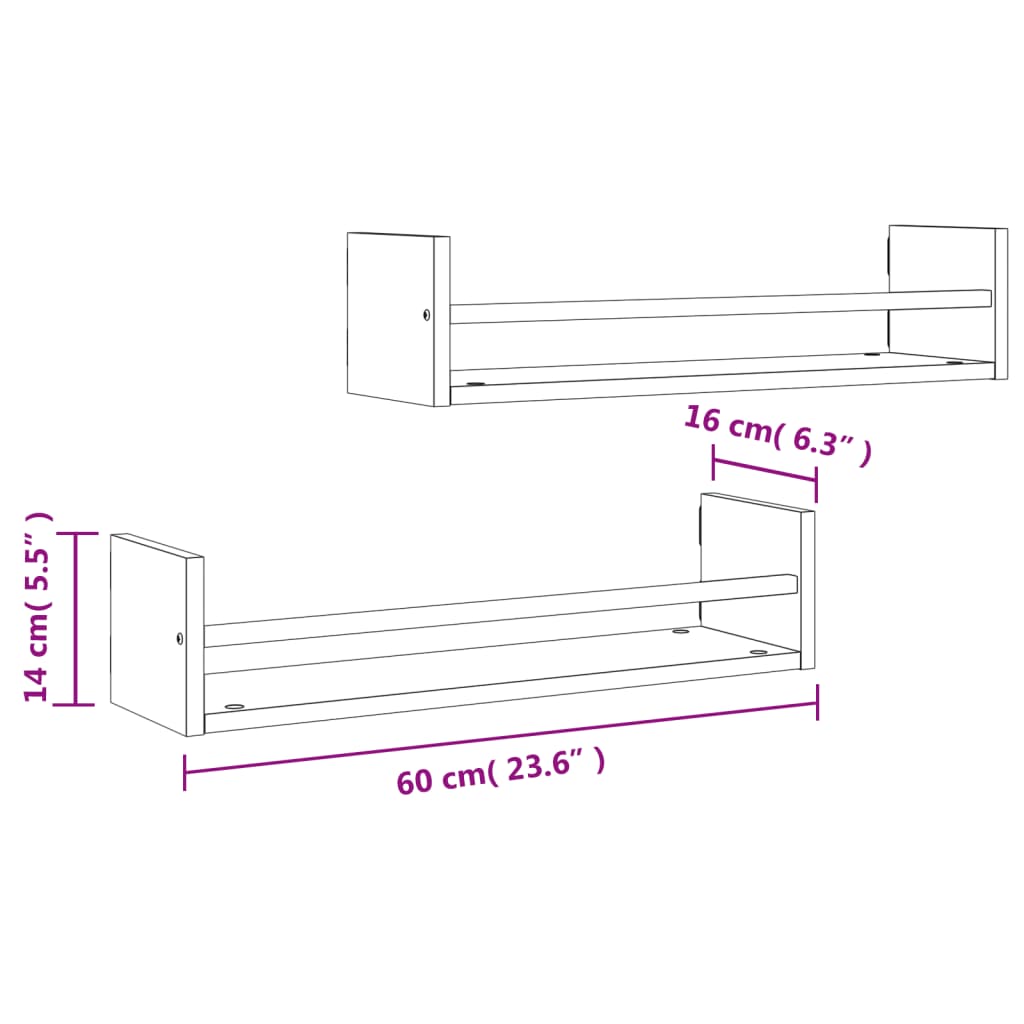 Étagères murales avec barres 2 pcs chêne sonoma 60x16x14 cm Étagères murales & corniches vidaXL   