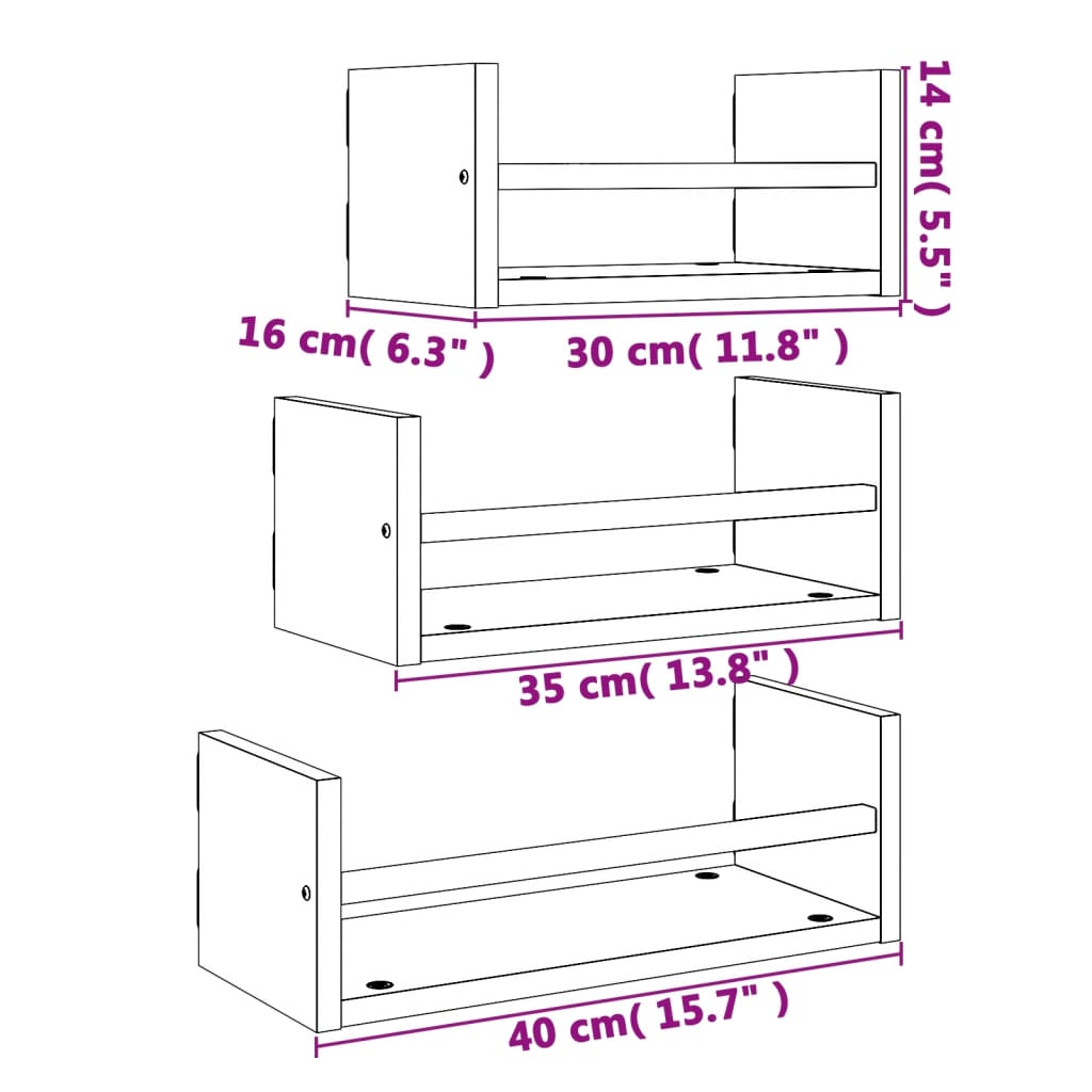 Ensemble d'étagères murales barres 3 pcs noir bois d'ingénierie - Xios Store SNC