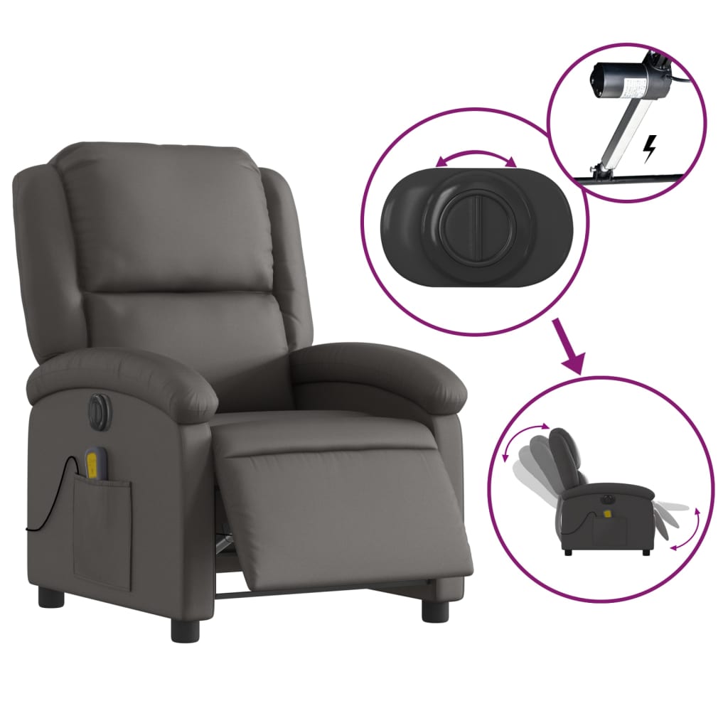 Fauteuil de massage inclinable électrique gris cuir véritable Fauteuils vidaXL   