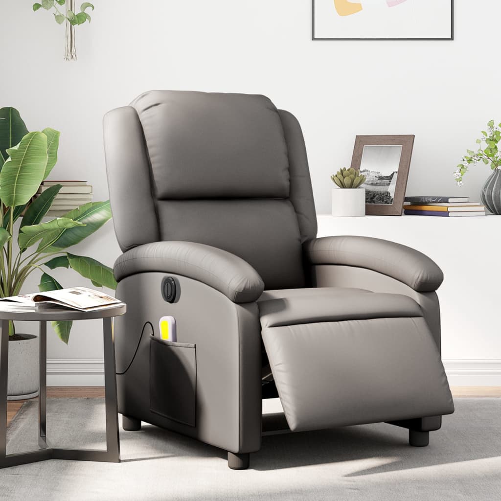 Fauteuil de massage inclinable électrique gris cuir véritable Fauteuils vidaXL   