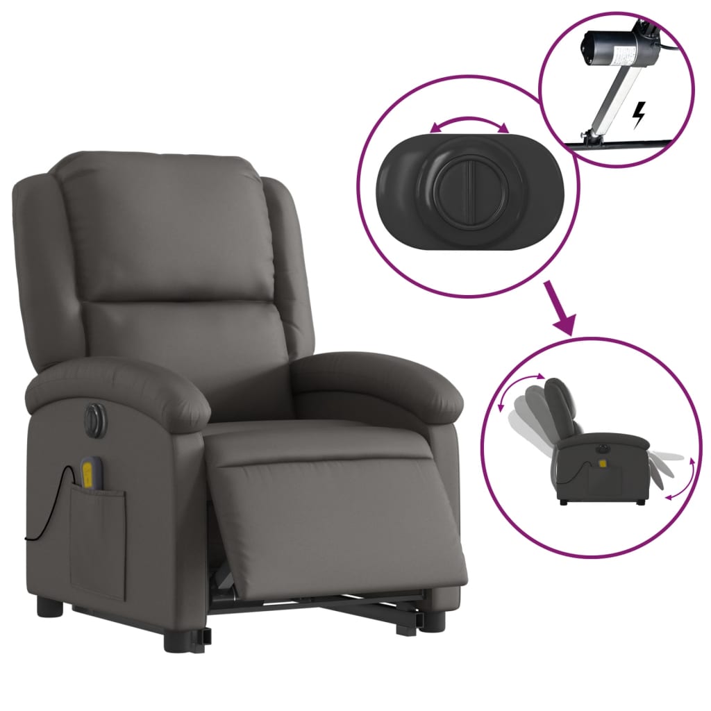 Fauteuil inclinable de massage électrique gris cuir véritable Fauteuils vidaXL   