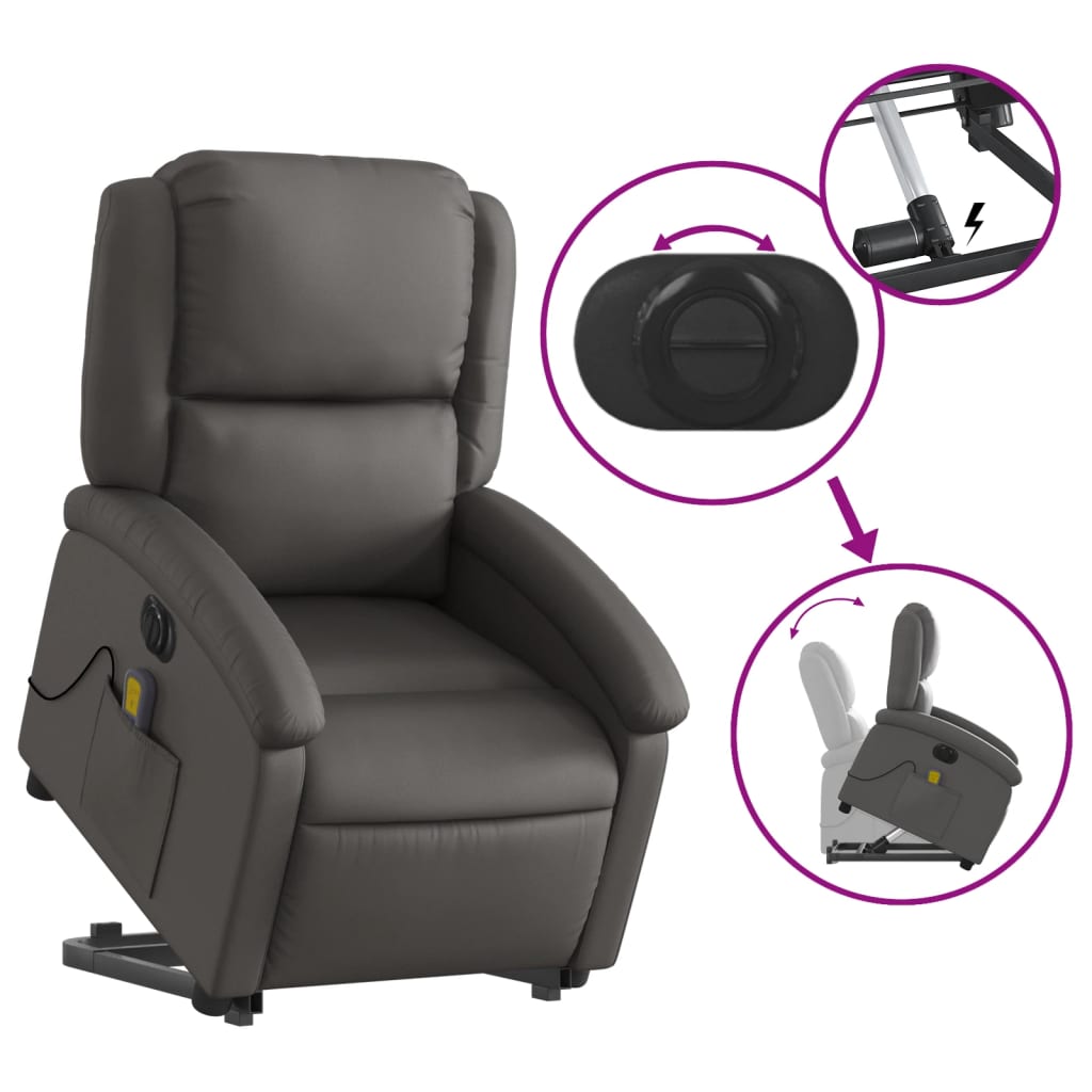 Fauteuil inclinable de massage électrique gris cuir véritable Fauteuils vidaXL   