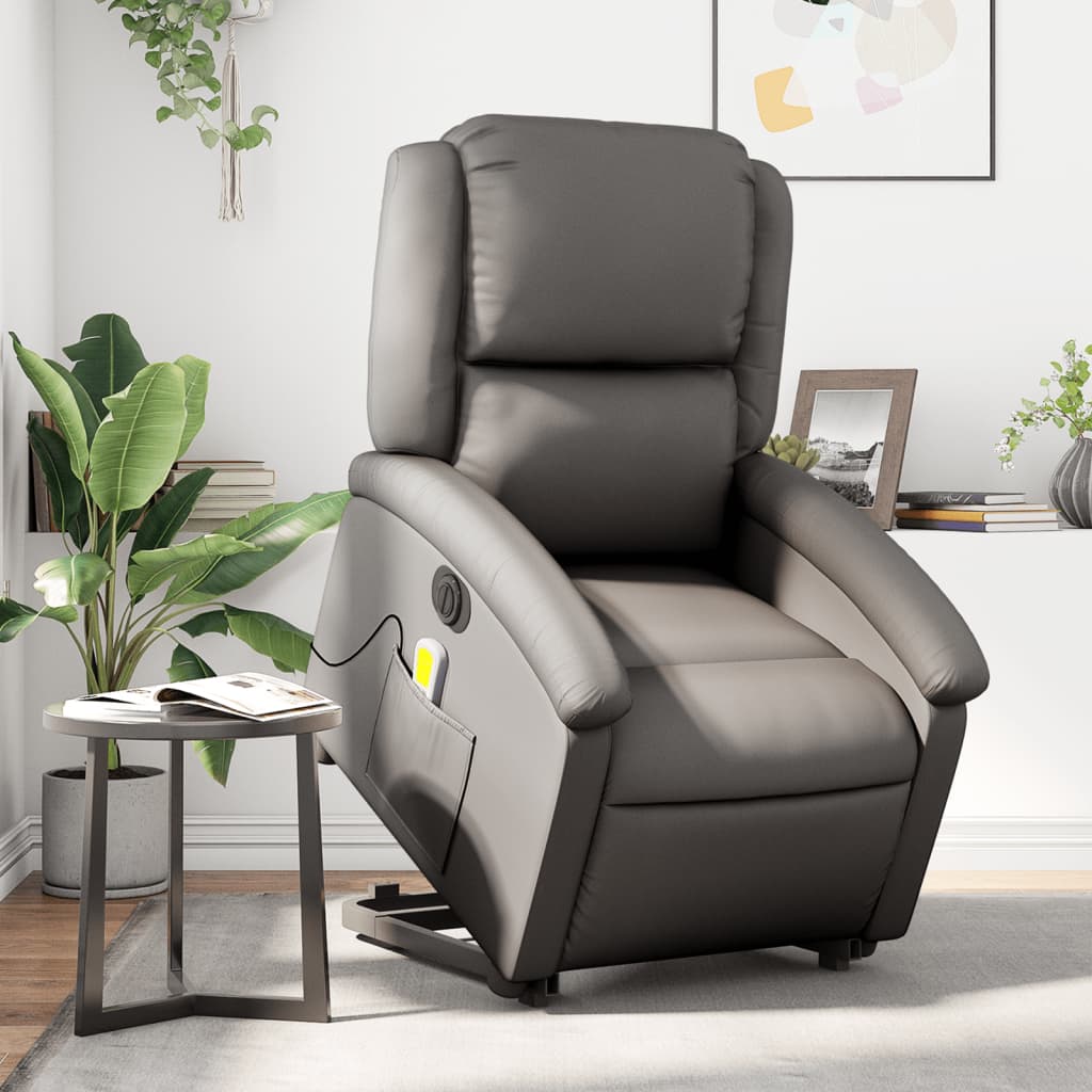 Fauteuil inclinable de massage électrique gris cuir véritable Fauteuils vidaXL   