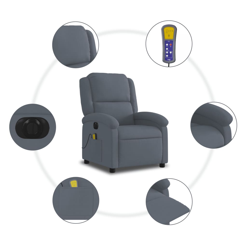 Fauteuil inclinable de massage électrique gris foncé velours Fauteuils vidaXL   