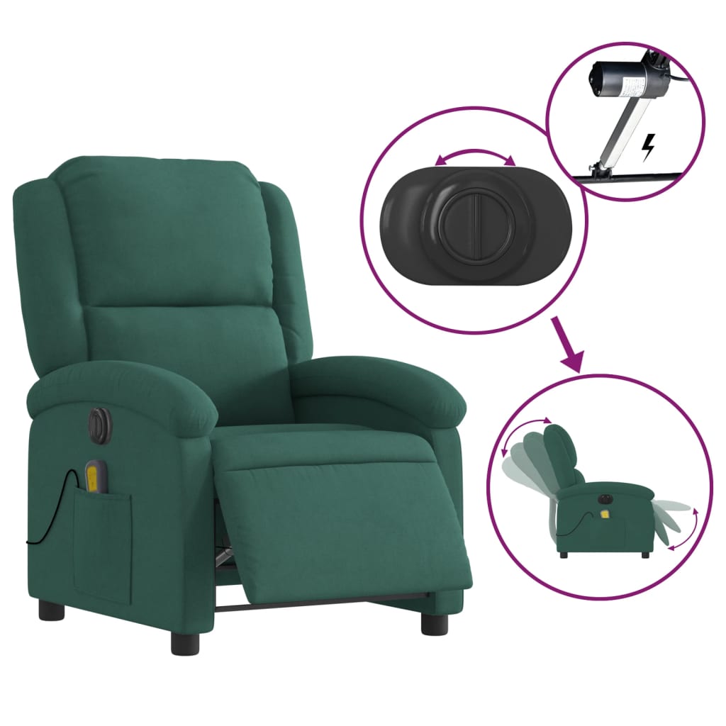 Fauteuil inclinable de massage électrique vert foncé velours Fauteuils vidaXL   