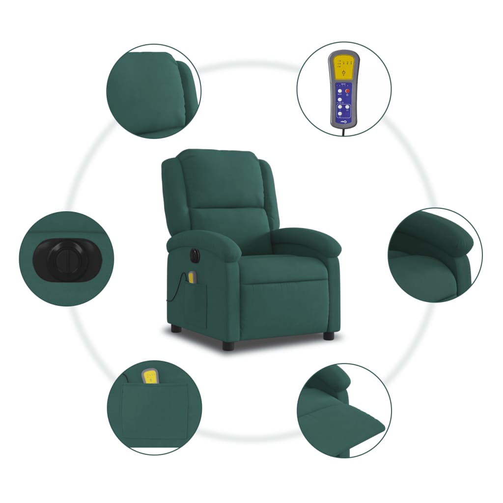 Fauteuil inclinable de massage électrique vert foncé velours Fauteuils vidaXL   