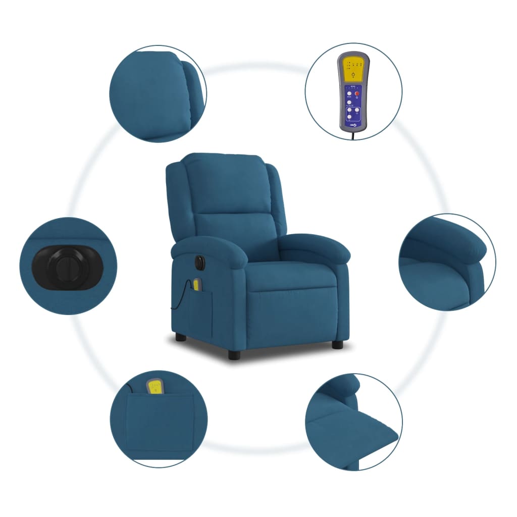 Fauteuil inclinable de massage électrique bleu velours Fauteuils vidaXL   