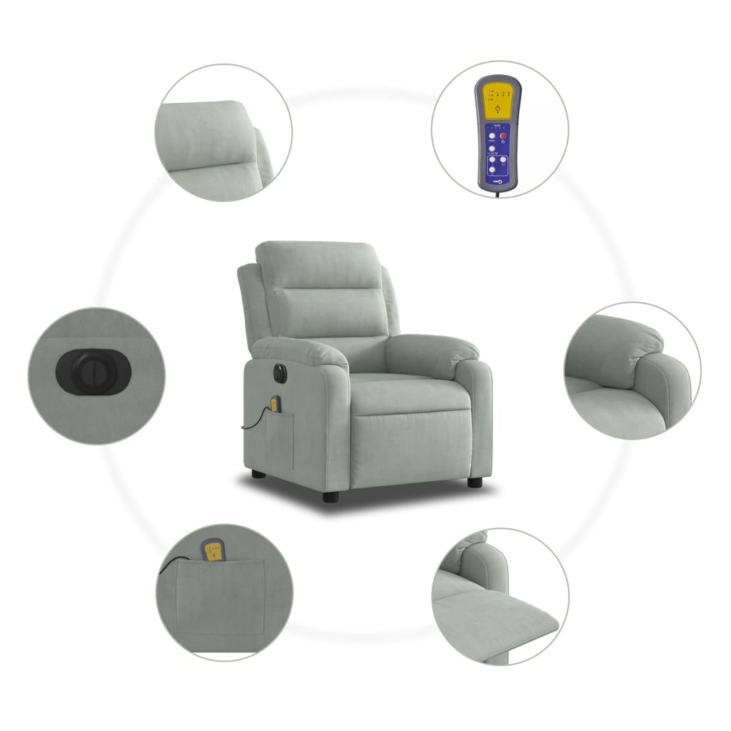 Fauteuil inclinable électrique de massage gris clair velours Fauteuils vidaXL   