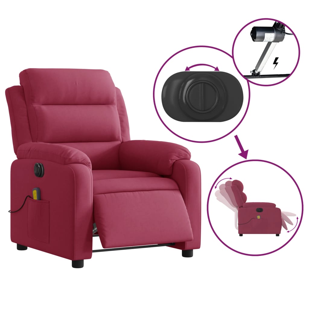 Fauteuil inclinable massage électrique rouge bordeaux velours Fauteuils vidaXL   