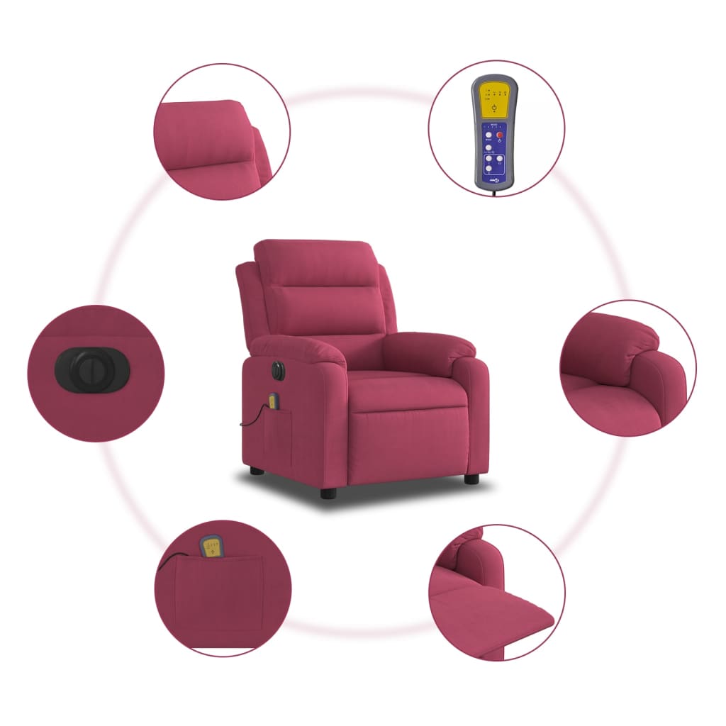 Fauteuil inclinable massage électrique rouge bordeaux velours Fauteuils vidaXL   