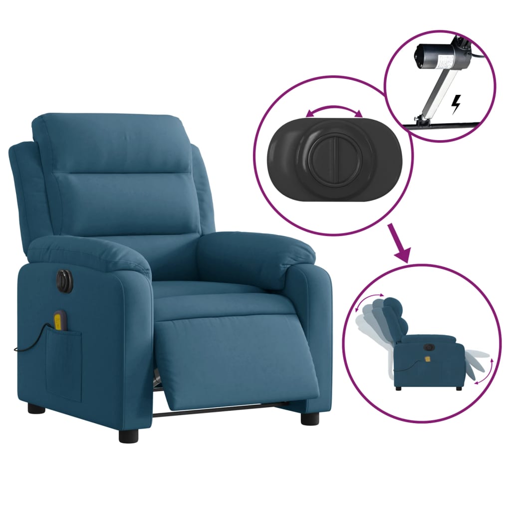 Fauteuil inclinable de massage électrique bleu velours Fauteuils vidaXL   