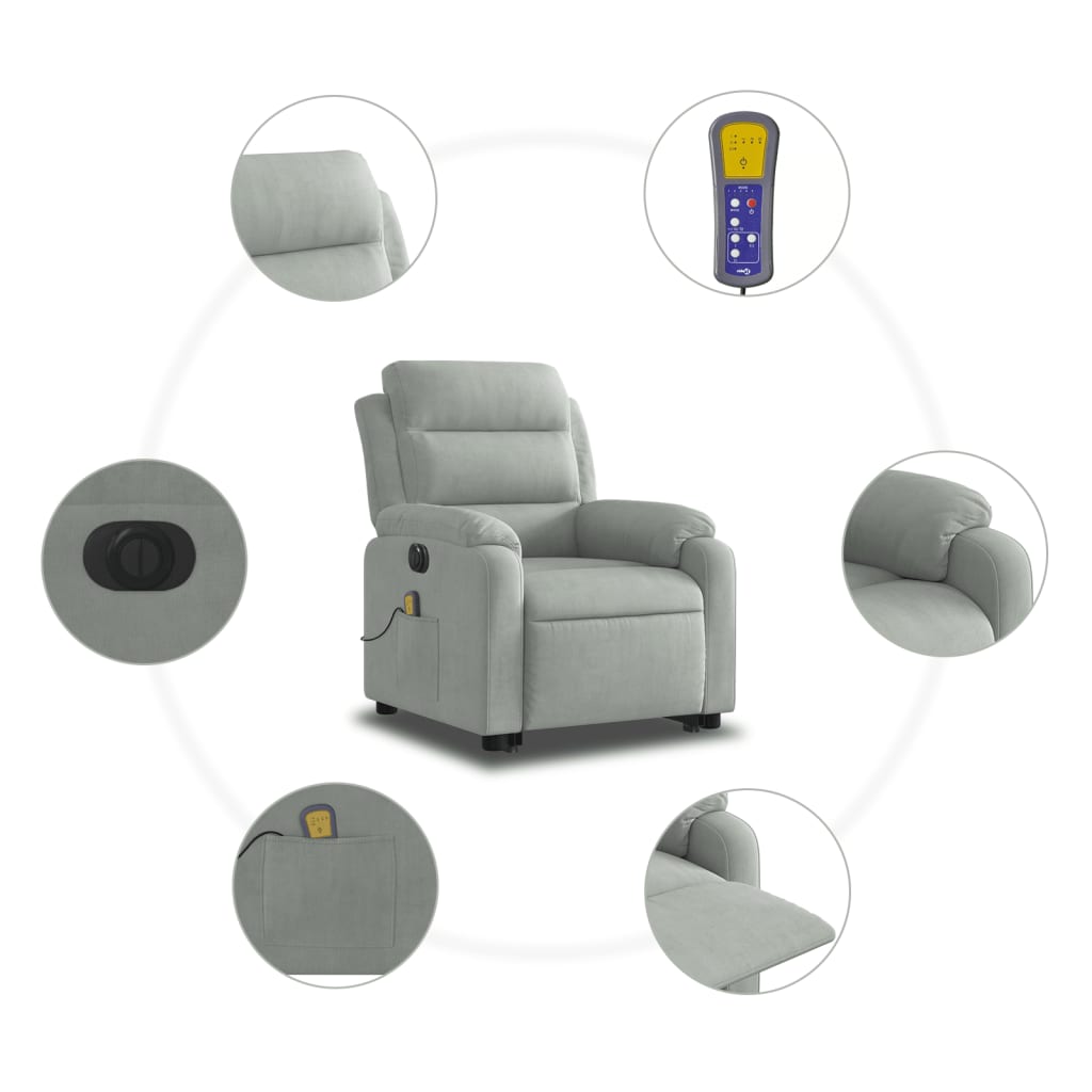 Fauteuil inclinable de massage électrique gris clair velours Fauteuils vidaXL   