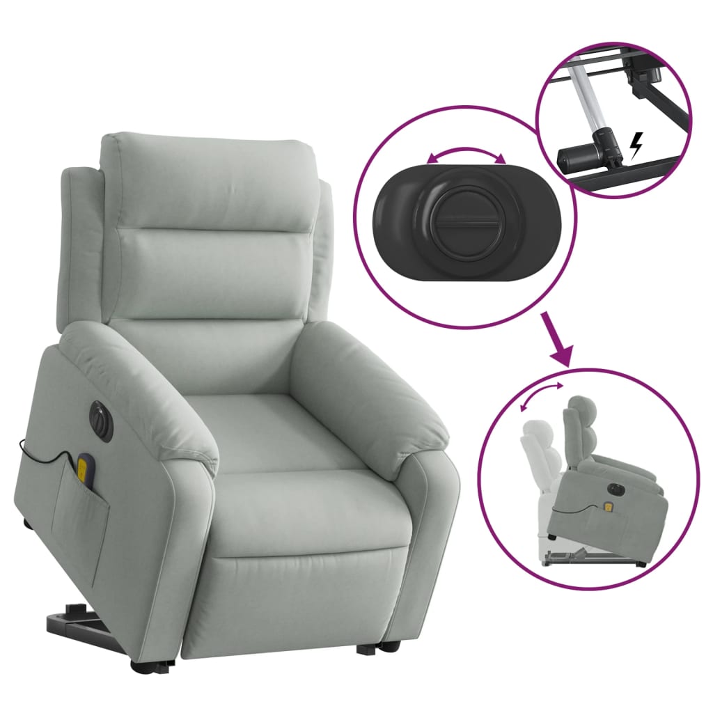 Fauteuil inclinable de massage électrique gris clair velours Fauteuils vidaXL   