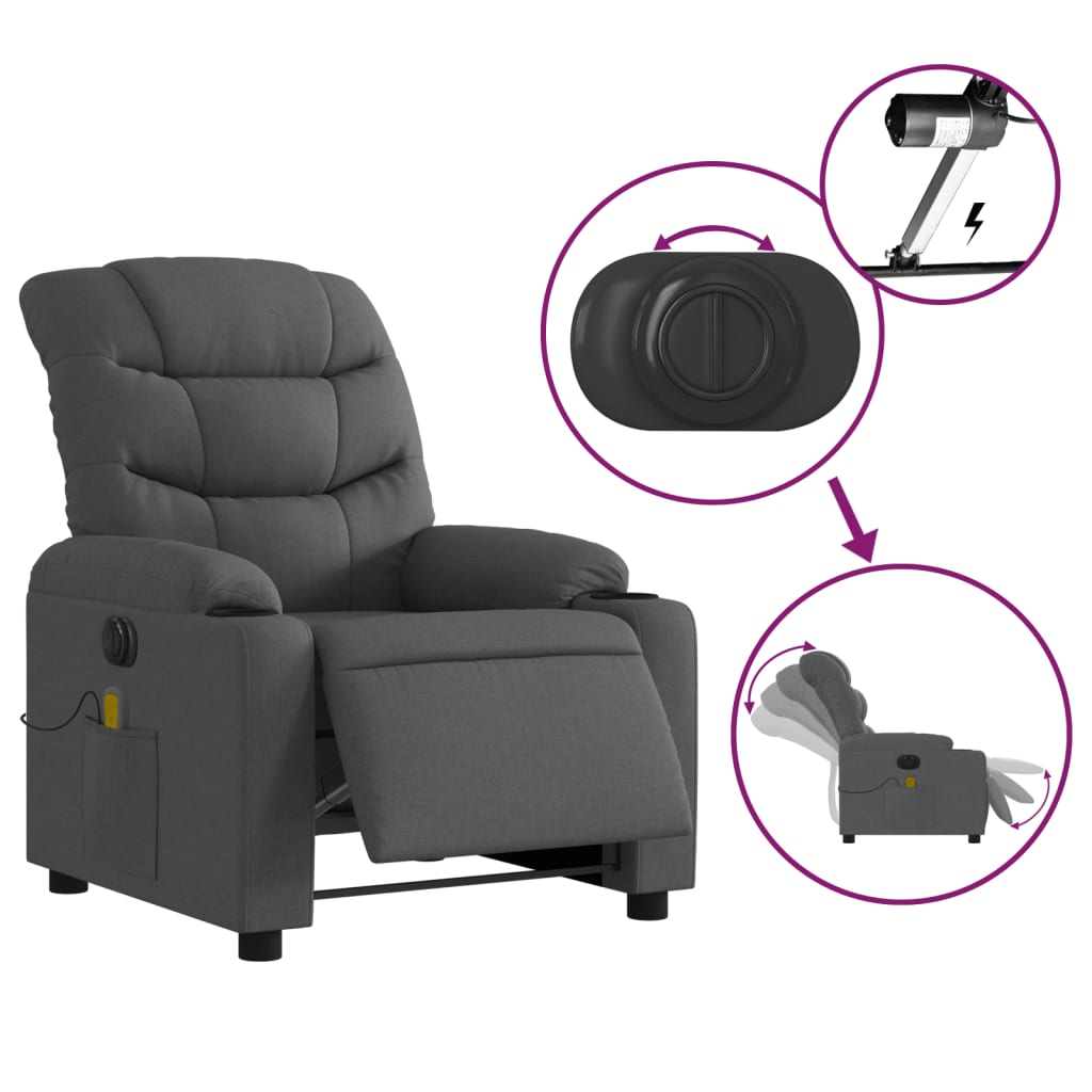 Fauteuil inclinable de massage électrique gris foncé tissu Fauteuils vidaXL   