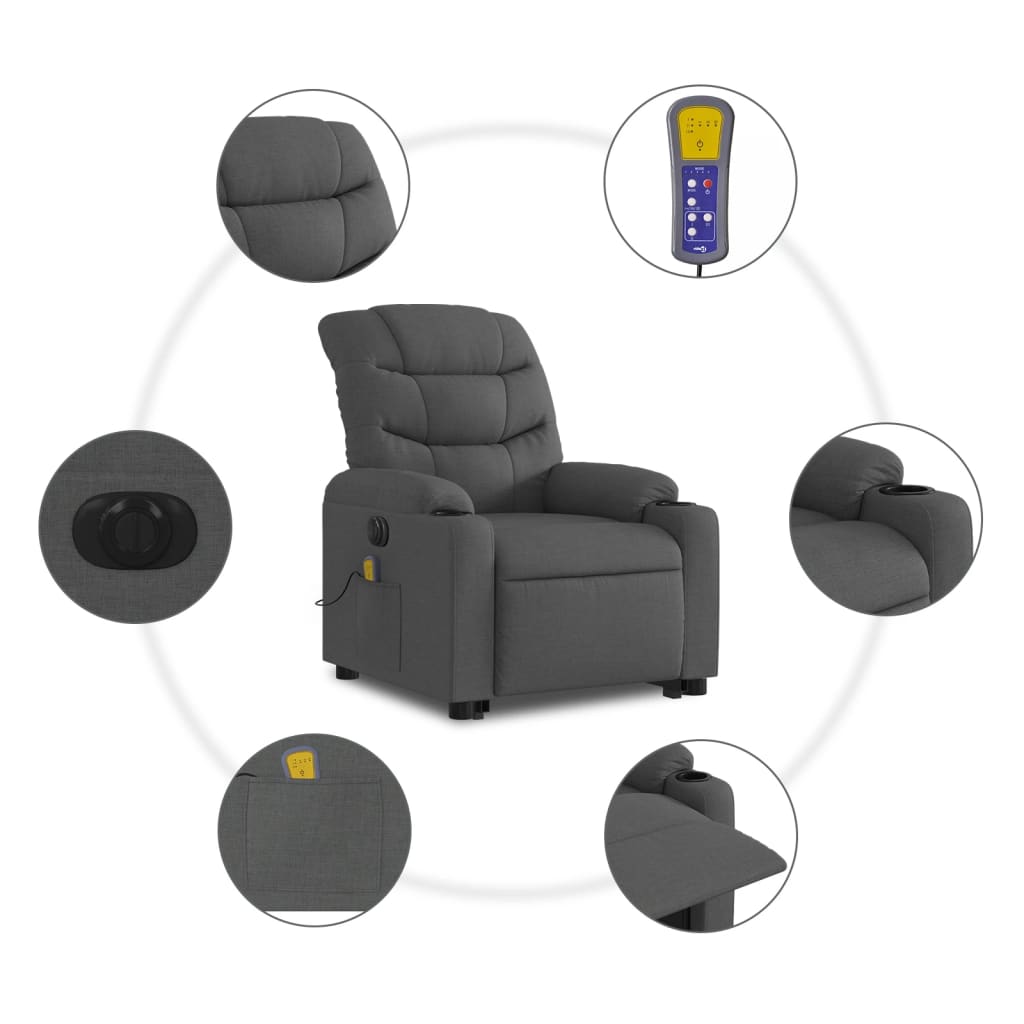 Fauteuil inclinable de massage électrique Gris foncé Tissu Fauteuils vidaXL   