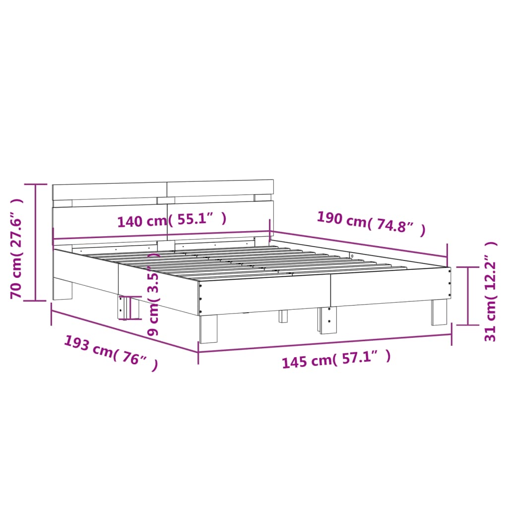 Cadre de lit avec tête de lit chêne fumé 140x190 cm Lits & cadres de lit vidaXL   