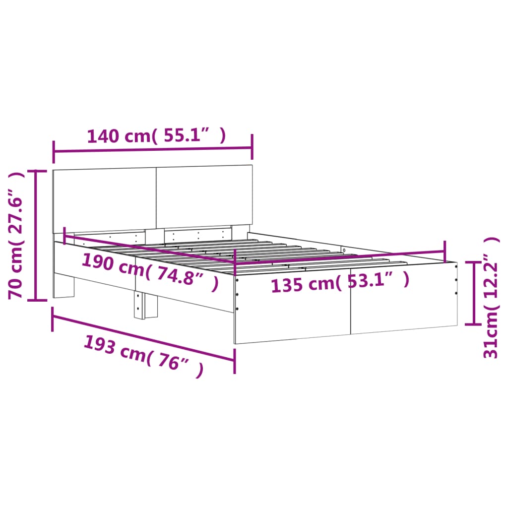 Cadre de lit avec tête de lit sonoma gris 135x190 cm Lits & cadres de lit vidaXL   