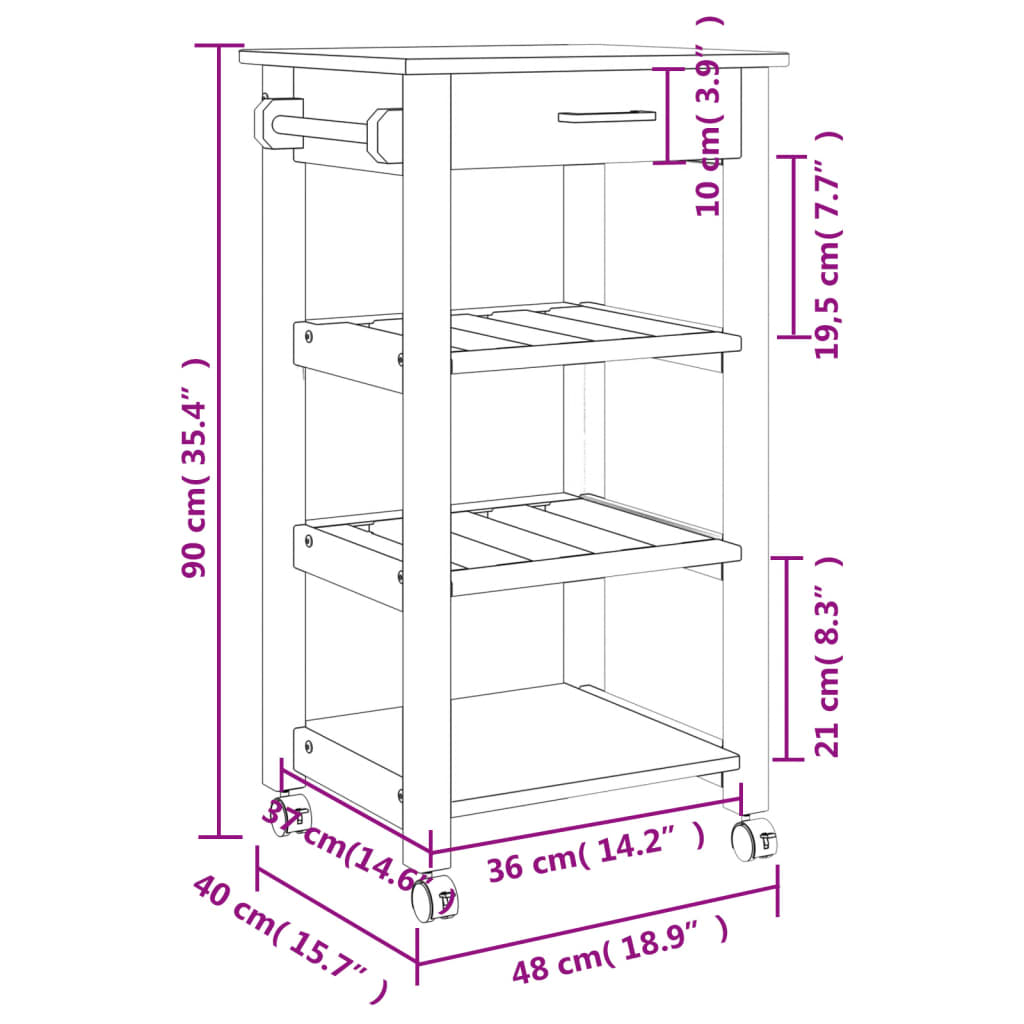 Chariot de cuisine MONZA 48x40x90 cm bois massif de pin Dessertes vidaXL