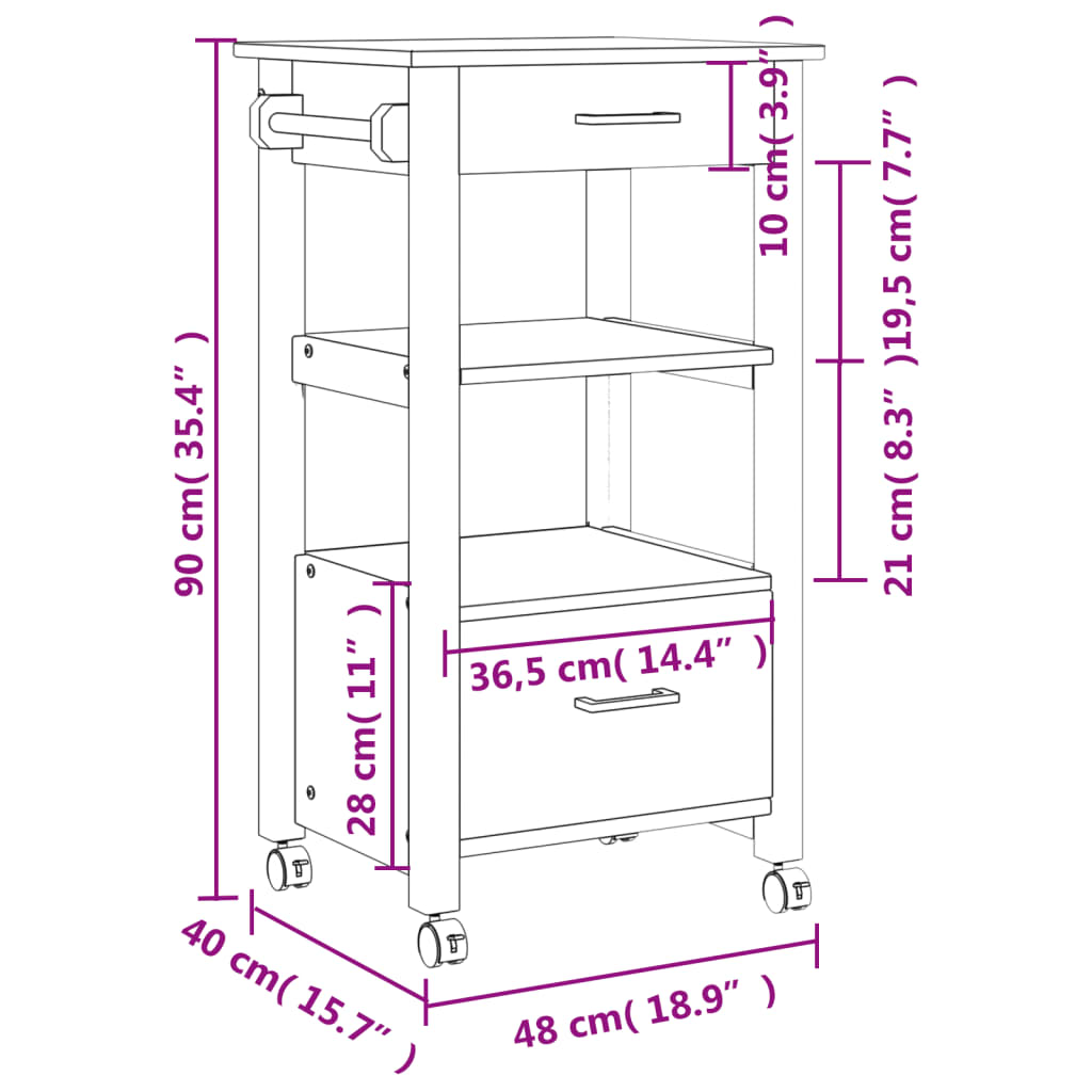 Chariot de cuisine MONZA 48x40x90 cm bois massif de pin Dessertes vidaXL