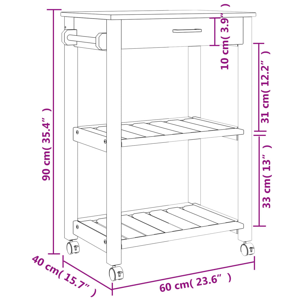 Chariot de cuisine MONZA 60x40x90 cm bois massif de pin Dessertes vidaXL