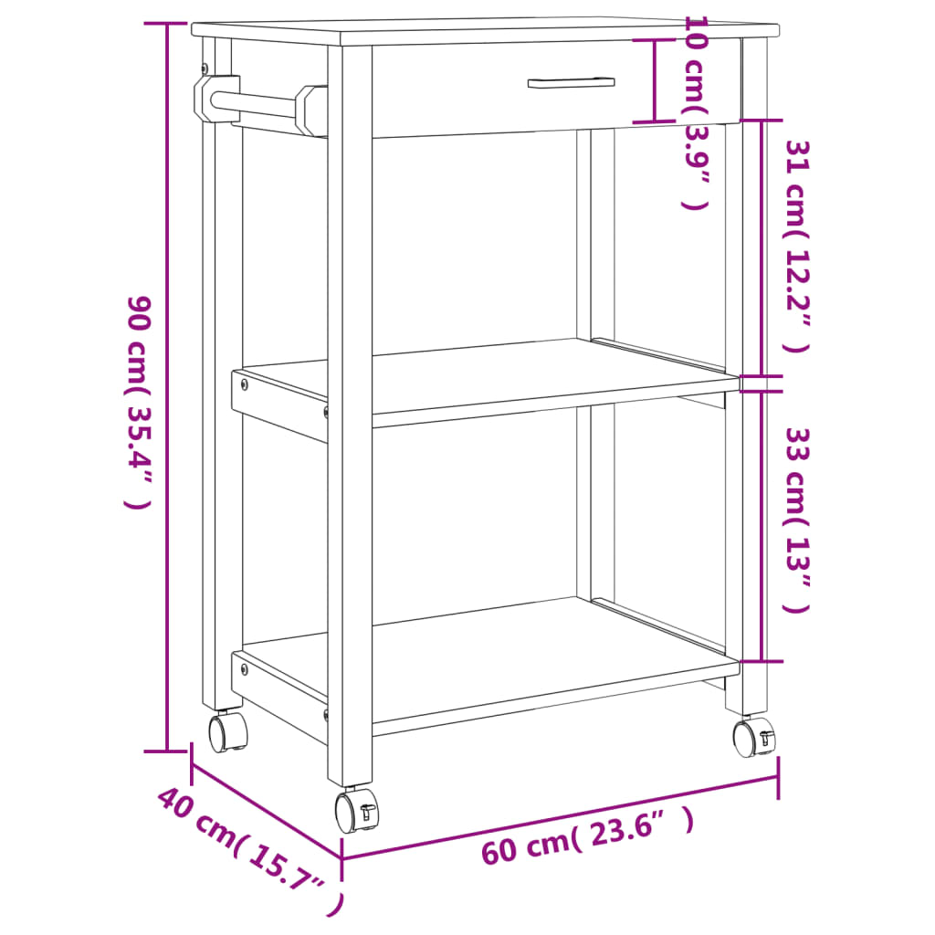 Chariot de cuisine MONZA 60x40x90 cm bois massif de pin Dessertes vidaXL