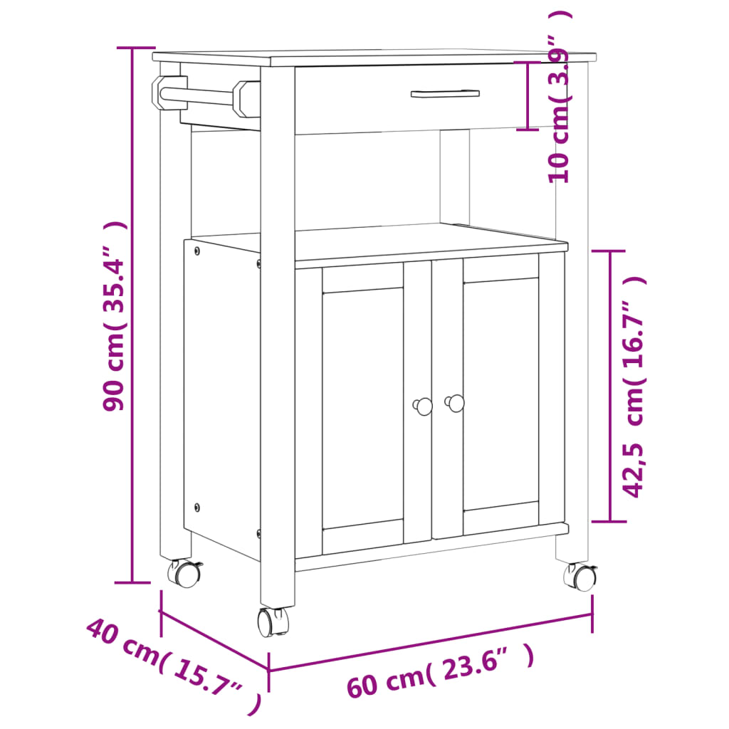 Chariot de cuisine MONZA 60x40x90 cm bois massif de pin Dessertes vidaXL