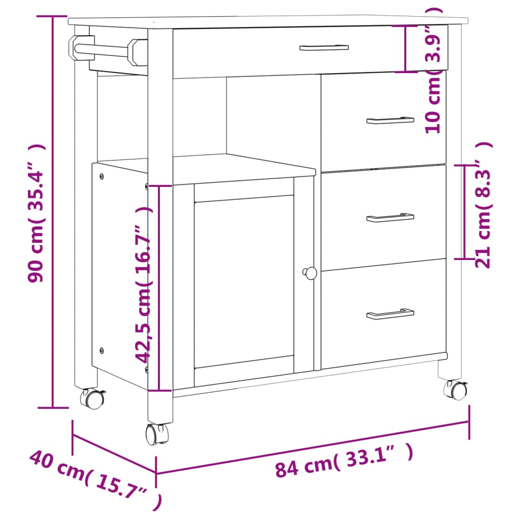 Chariot de cuisine MONZA 84x40x90 cm bois massif de pin Dessertes vidaXL