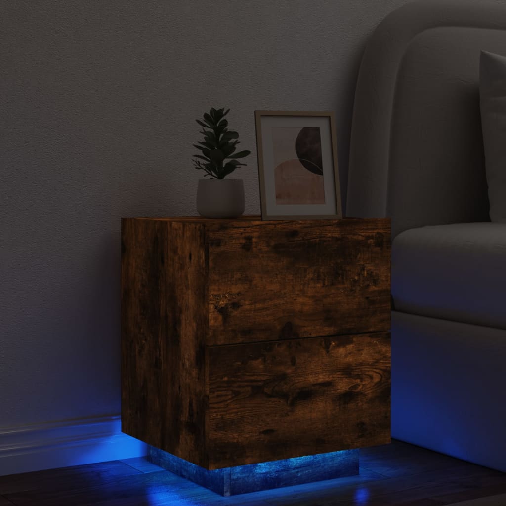 Armoire de chevet et lumières LED chêne fumé bois d'ingénierie Tables de chevet vidaXL   