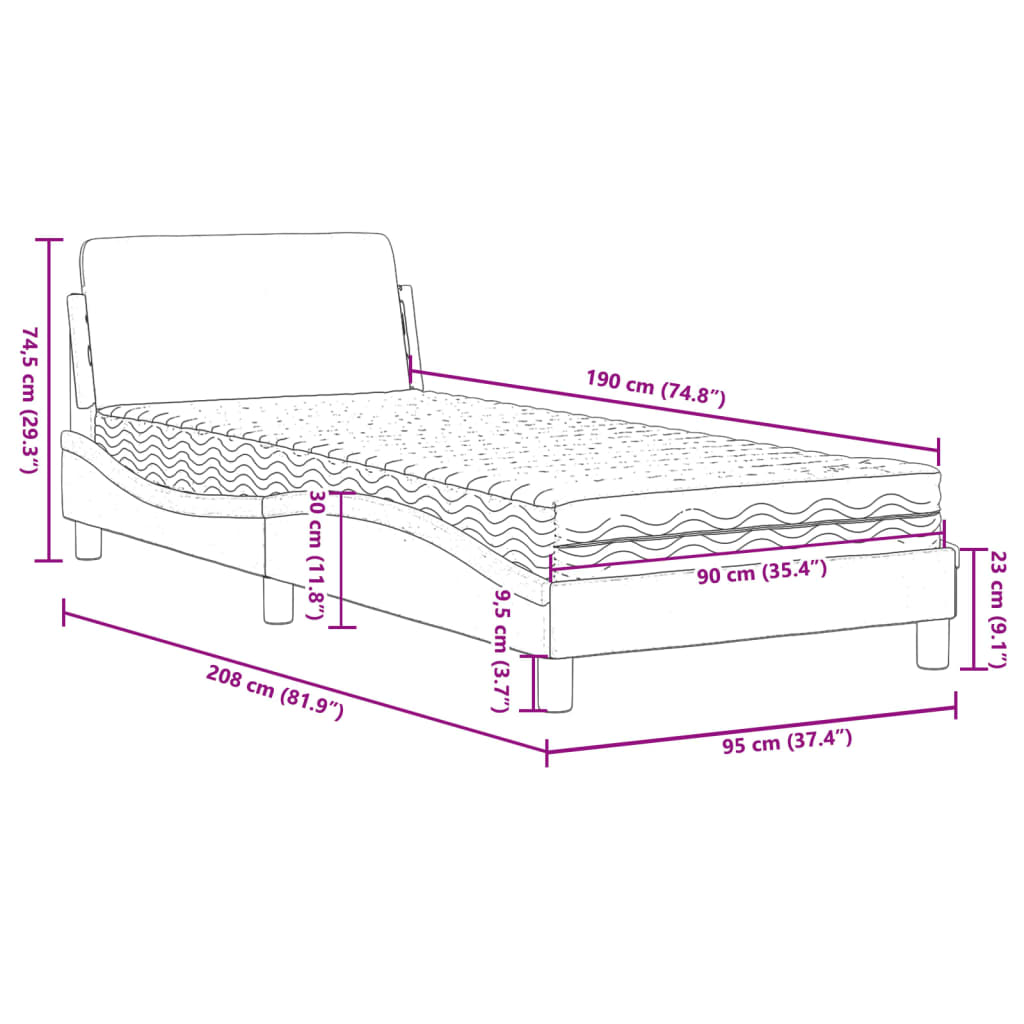 Lit avec matelas gris 90x190 cm similicuir Lits & cadres de lit vidaXL   