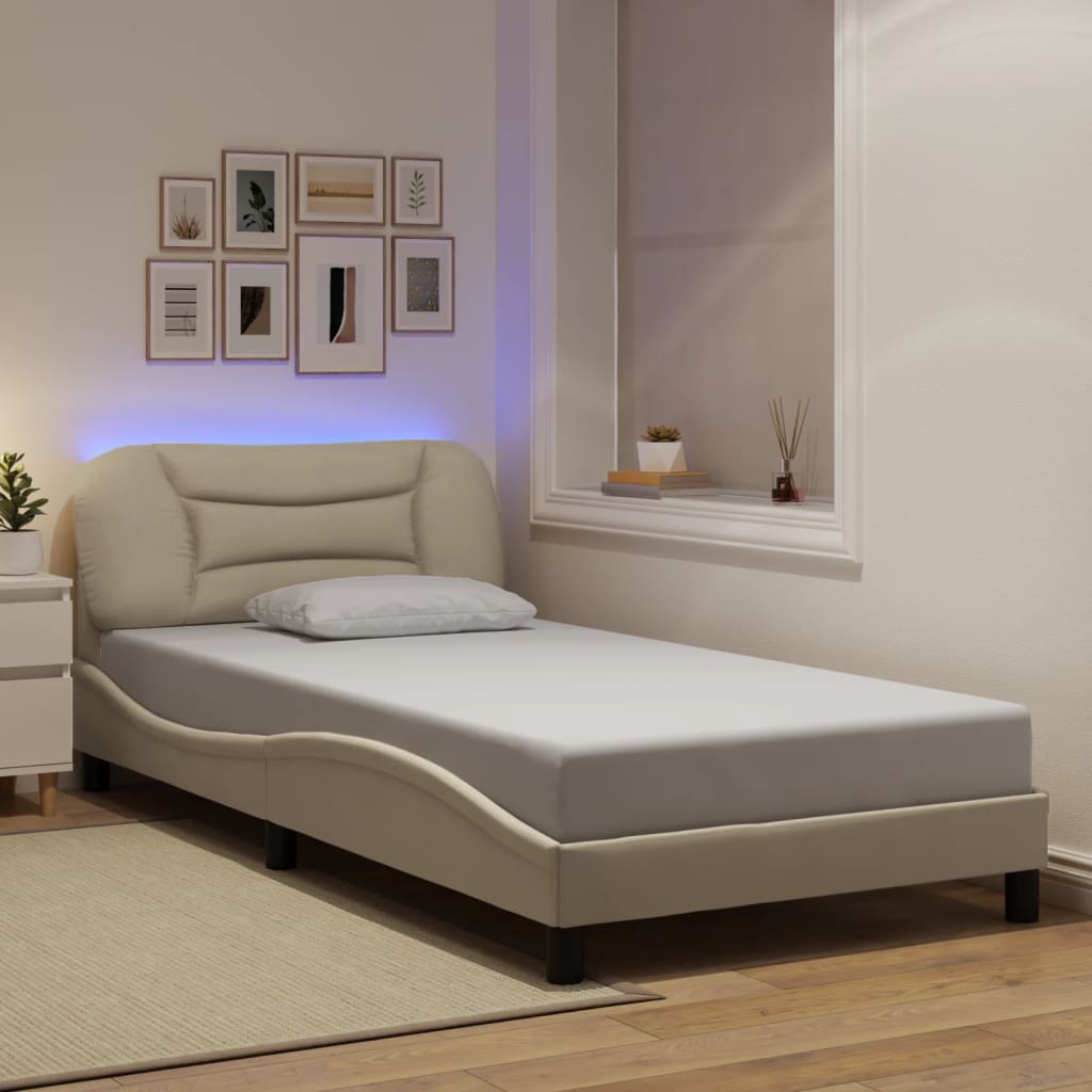 Cadre de lit avec lumières LED crème 100x200 cm tissu Lits & cadres de lit vidaXL   