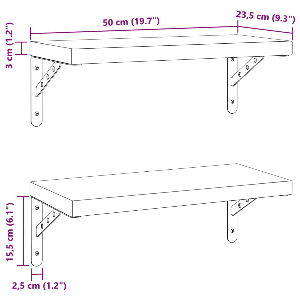 Étagères murales 2 pcs 50x23,5 cm noir acier inoxydable Étagères murales & corniches vidaXL   