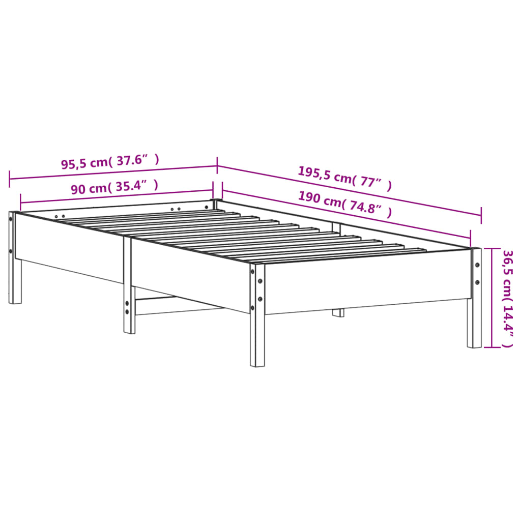 Cadre de lit Blanc 90x190 cm Bois de pin massif Lits & cadres de lit vidaXL   