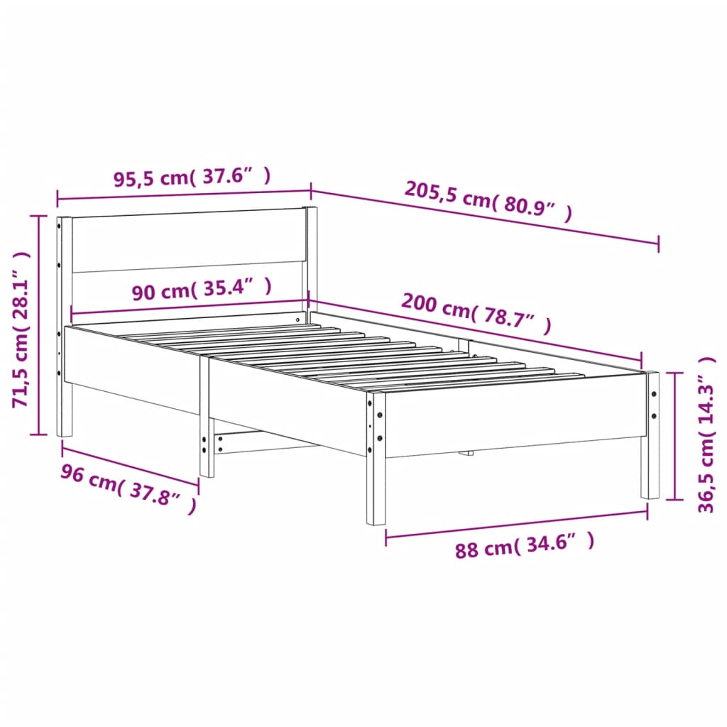 Cadre de lit avec tête de lit blanc 90x200cm bois de pin massif Lits & cadres de lit vidaXL   