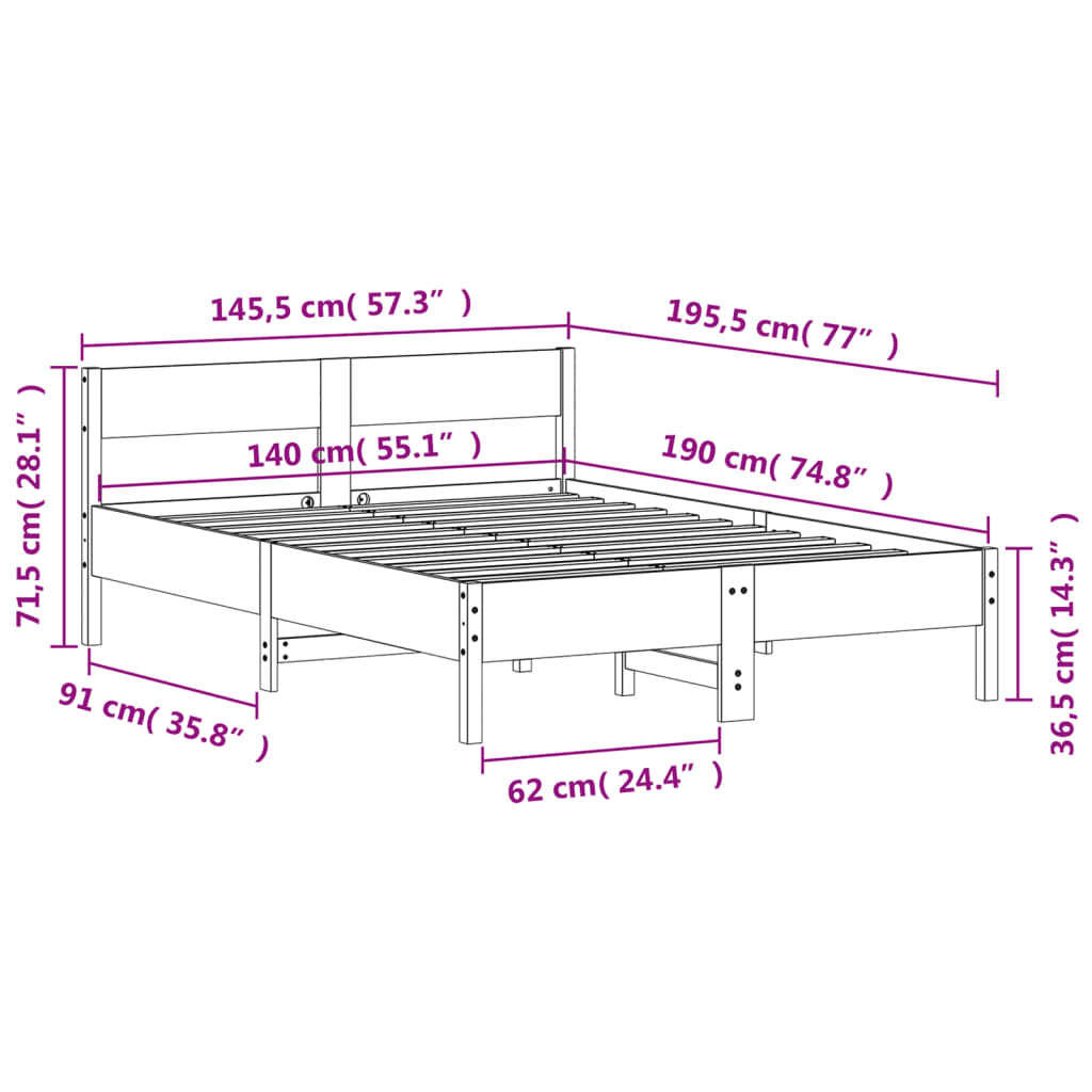 Cadre de lit avec tête de lit cire marron 140x190cm bois de pin Lits & cadres de lit vidaXL   