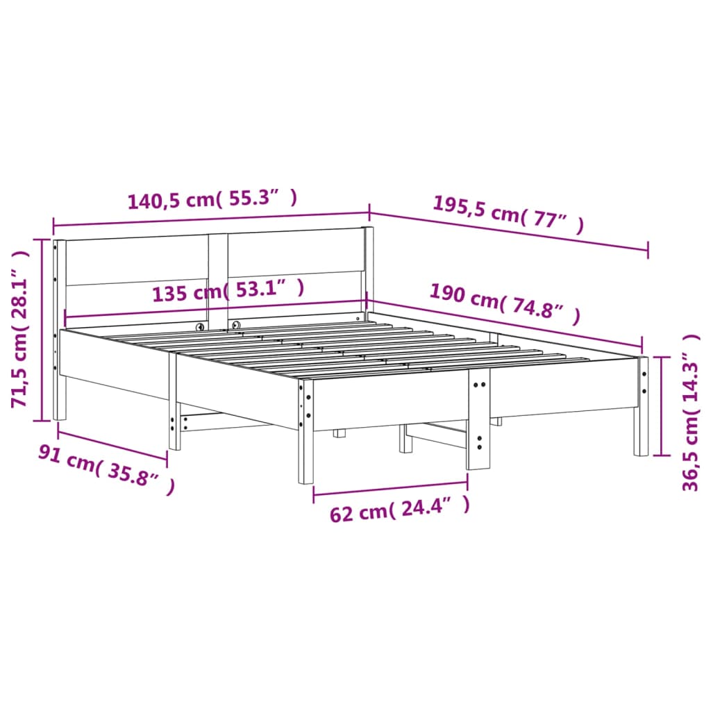 Cadre de lit avec tête de lit blanc 135x190 cm bois pin massif Lits & cadres de lit vidaXL   