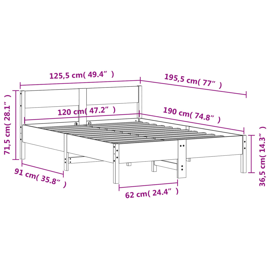 Cadre de lit avec tête de lit blanc 120x190 cm bois pin massif Lits & cadres de lit vidaXL   