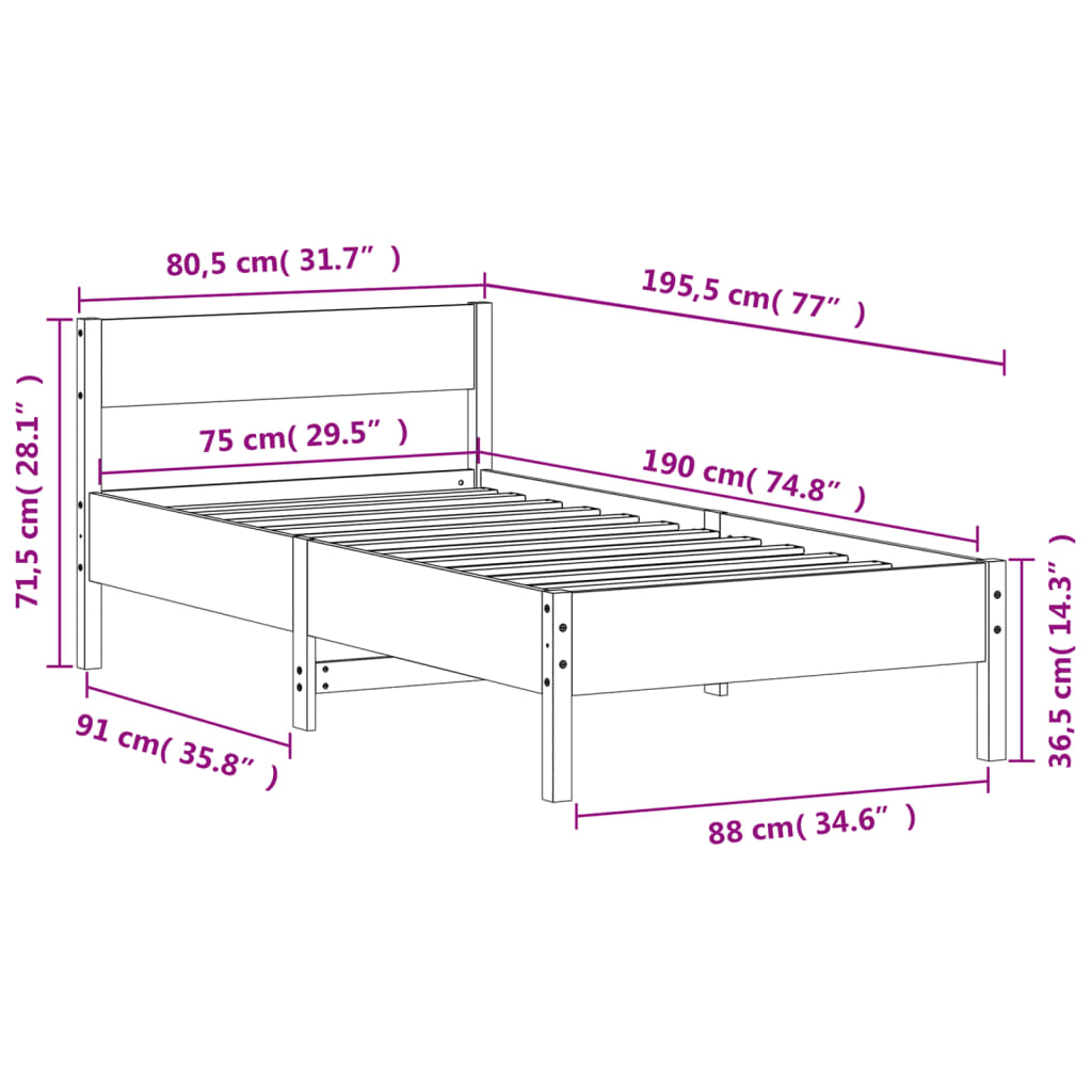 Cadre de lit avec tête de lit blanc 75x190cm bois de pin massif Lits & cadres de lit vidaXL   