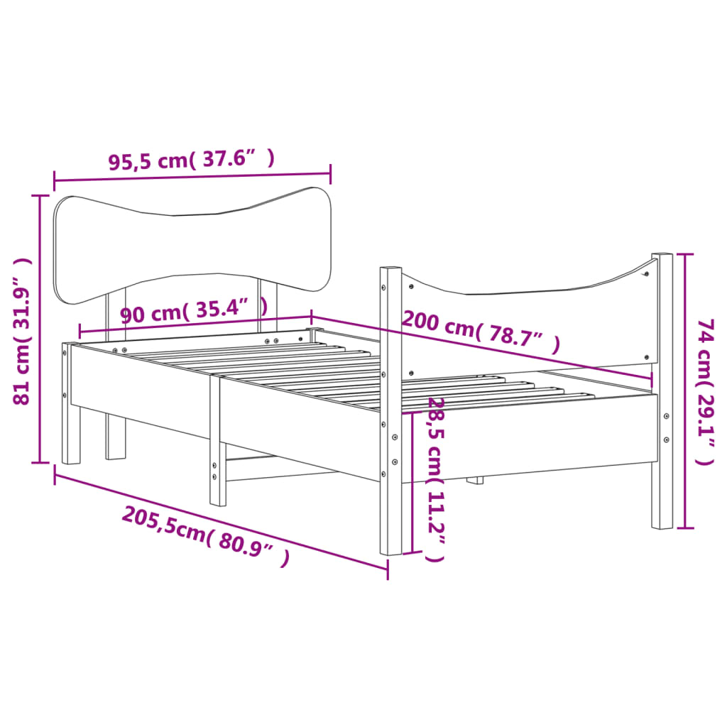 Cadre de lit avec tête de lit blanc 90x200cm bois de pin massif Lits & cadres de lit vidaXL   