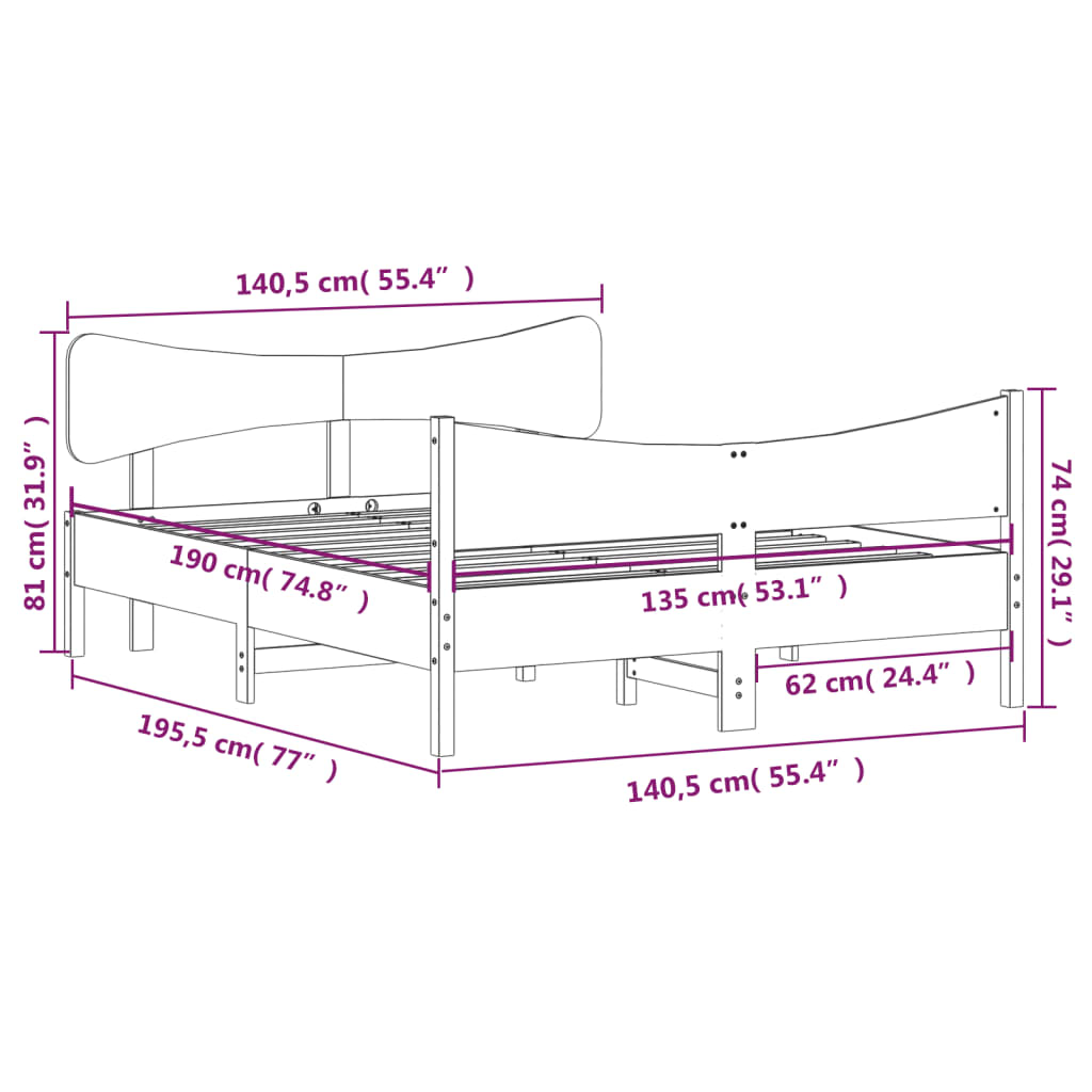 Cadre de lit avec tête de lit 135x190 cm bois de pin massif Lits & cadres de lit vidaXL   