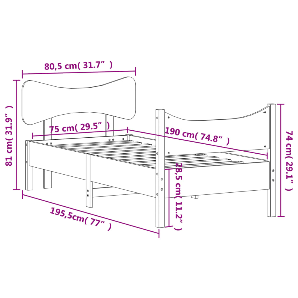 Cadre de lit avec tête de lit blanc 75x190cm bois de pin massif Lits & cadres de lit vidaXL   