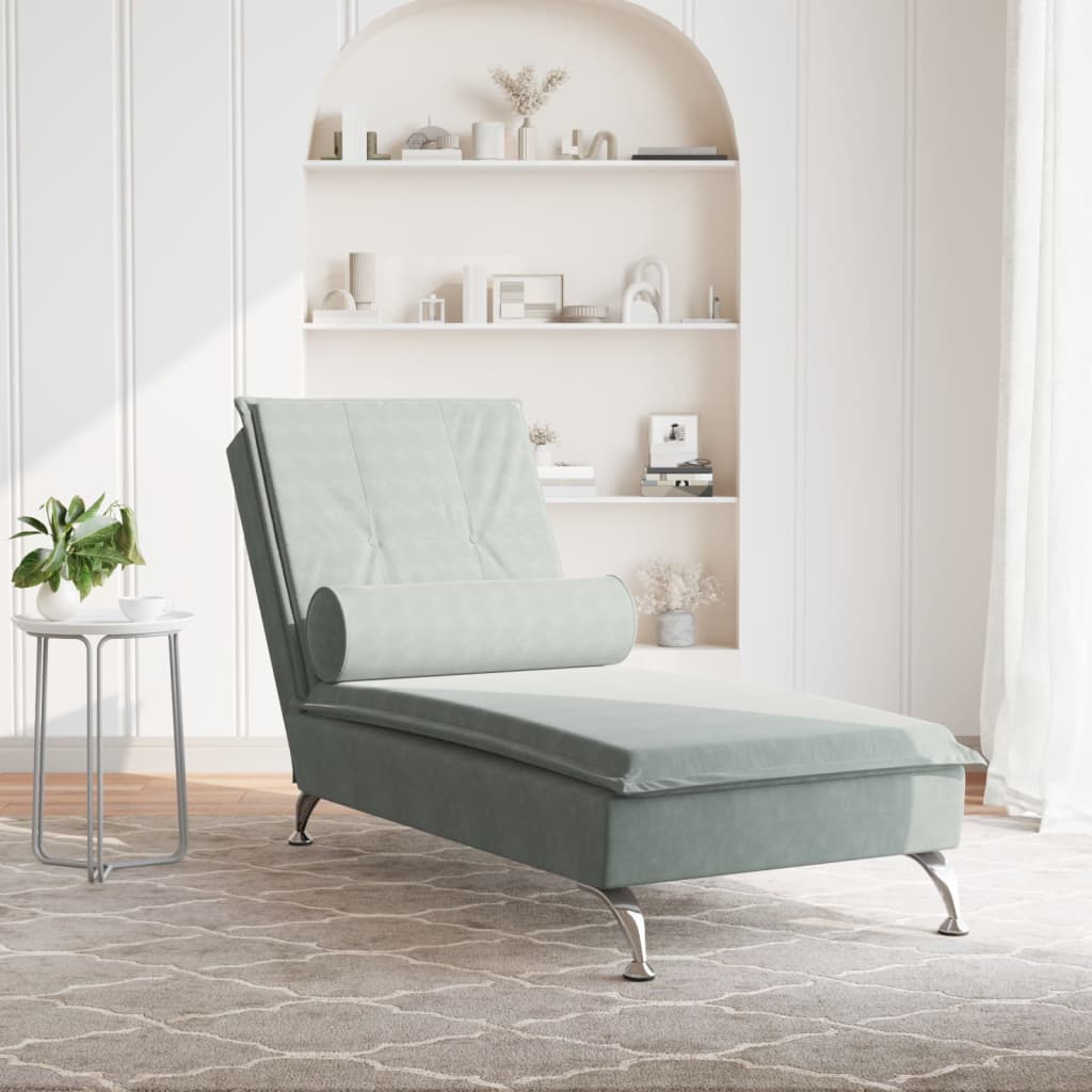 Chaise longue de massage avec traversin gris clair velours Chaises longues vidaXL   